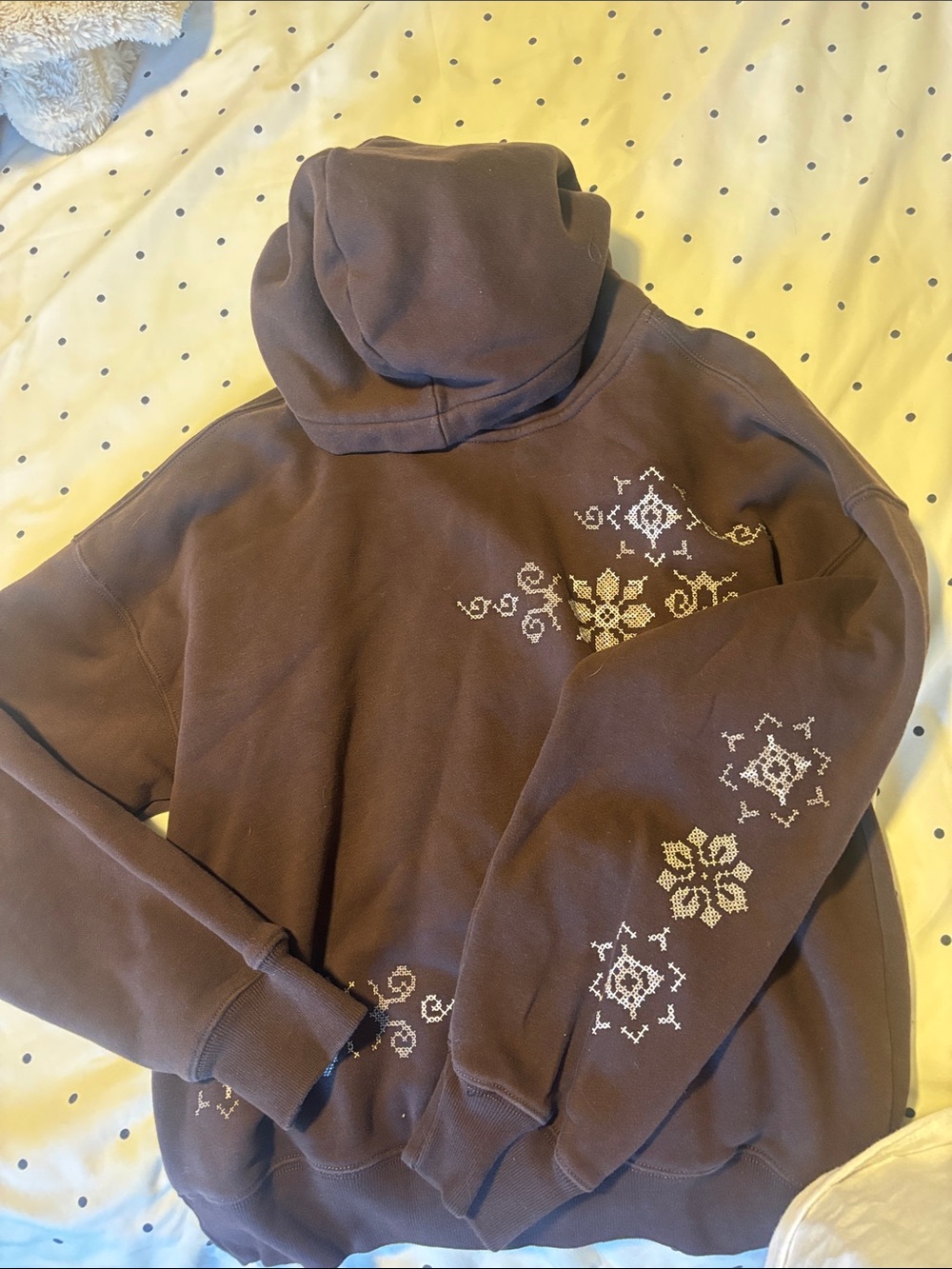 Brown Hoodie with Cream Fair Isle Embroidery